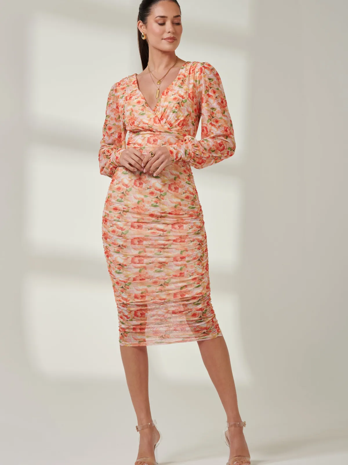 Jolie Moi Occasion Dresses|Party Dresses-Long Sleeve Floral Mesh Dress, Orange Multi
