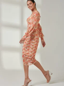 Jolie Moi Occasion Dresses|Party Dresses-Long Sleeve Floral Mesh Dress, Orange Multi