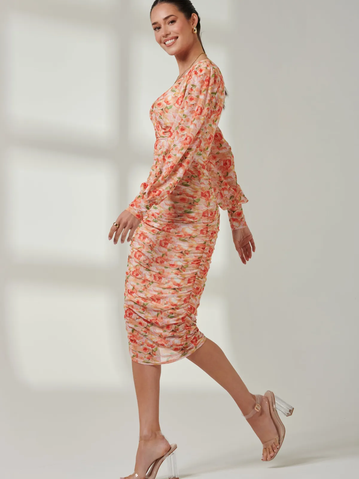 Jolie Moi Occasion Dresses|Party Dresses-Long Sleeve Floral Mesh Dress, Orange Multi