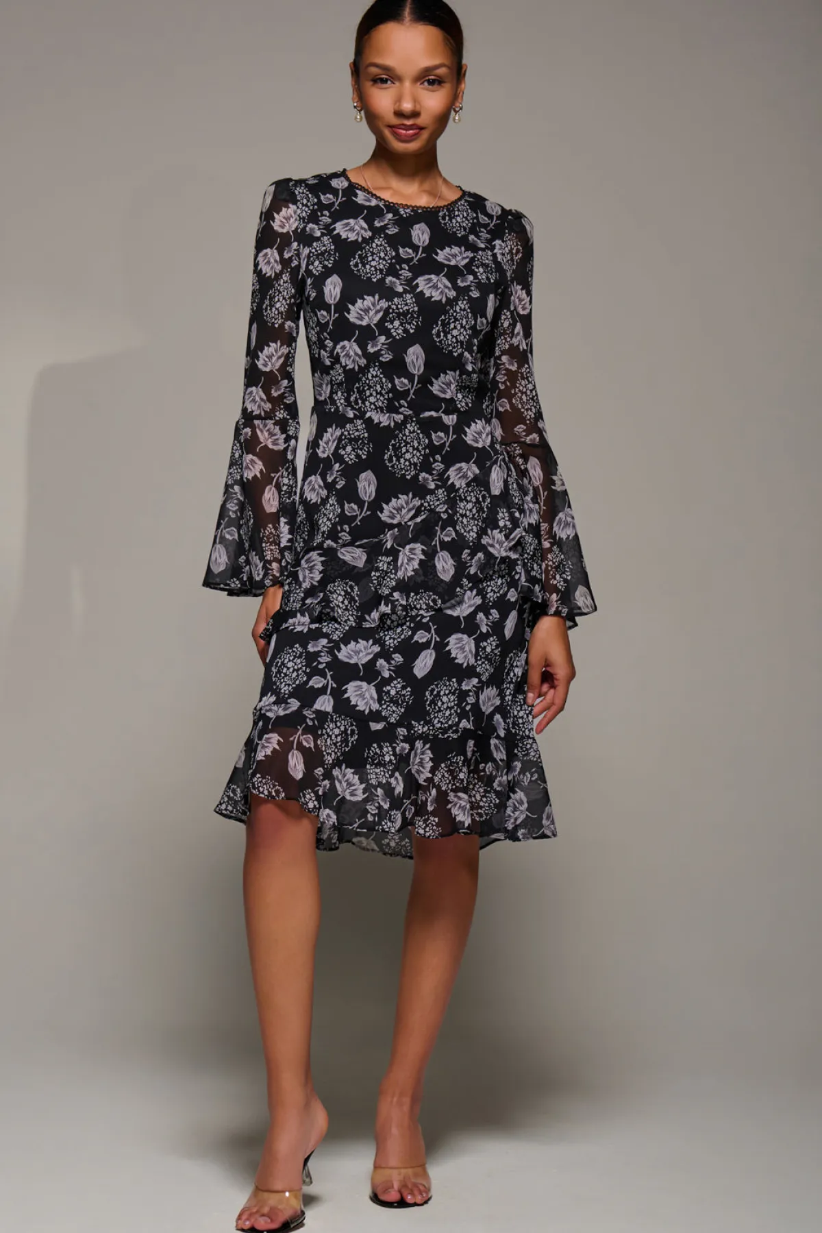 Jolie Moi Occasion Dresses|Floral Dresses-Long Sleeve Frill Chiffon Knee-Length Dress, Black Floral
