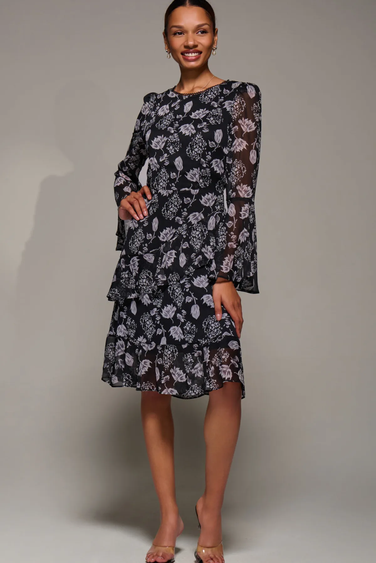 Jolie Moi Occasion Dresses|Floral Dresses-Long Sleeve Frill Chiffon Knee-Length Dress, Black Floral