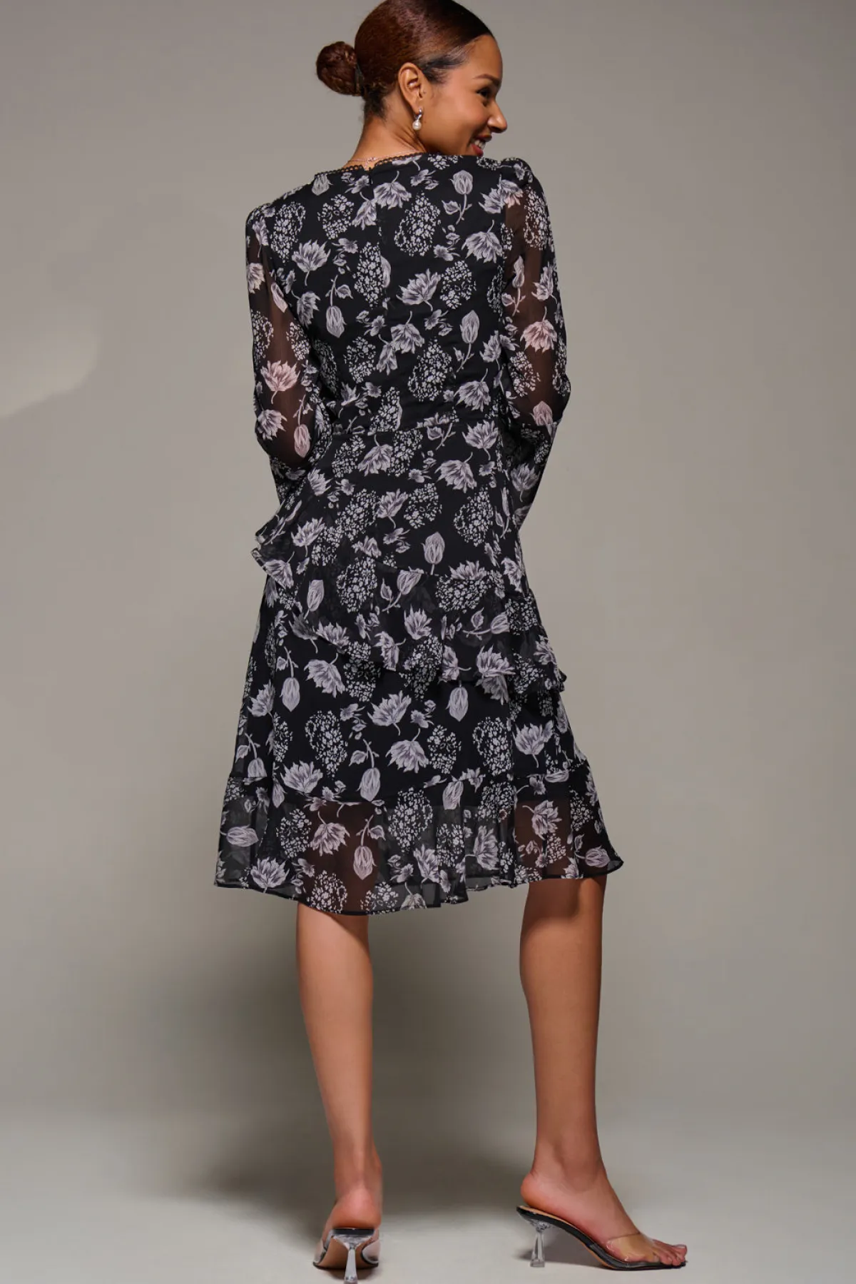 Jolie Moi Occasion Dresses|Floral Dresses-Long Sleeve Frill Chiffon Knee-Length Dress, Black Floral