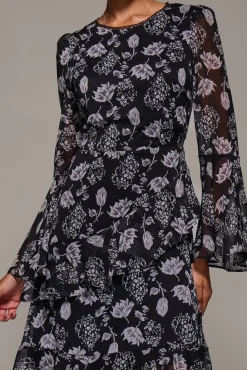 Jolie Moi Occasion Dresses|Floral Dresses-Long Sleeve Frill Chiffon Knee-Length Dress, Black Floral