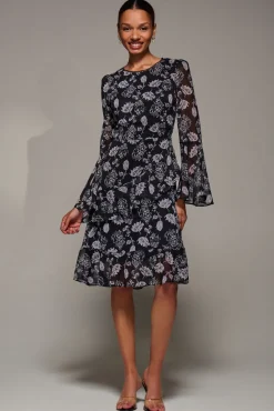 Jolie Moi Occasion Dresses|Floral Dresses-Long Sleeve Frill Chiffon Knee-Length Dress, Black Floral