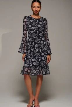 Jolie Moi Occasion Dresses|Floral Dresses-Long Sleeve Frill Chiffon Knee-Length Dress, Black Floral