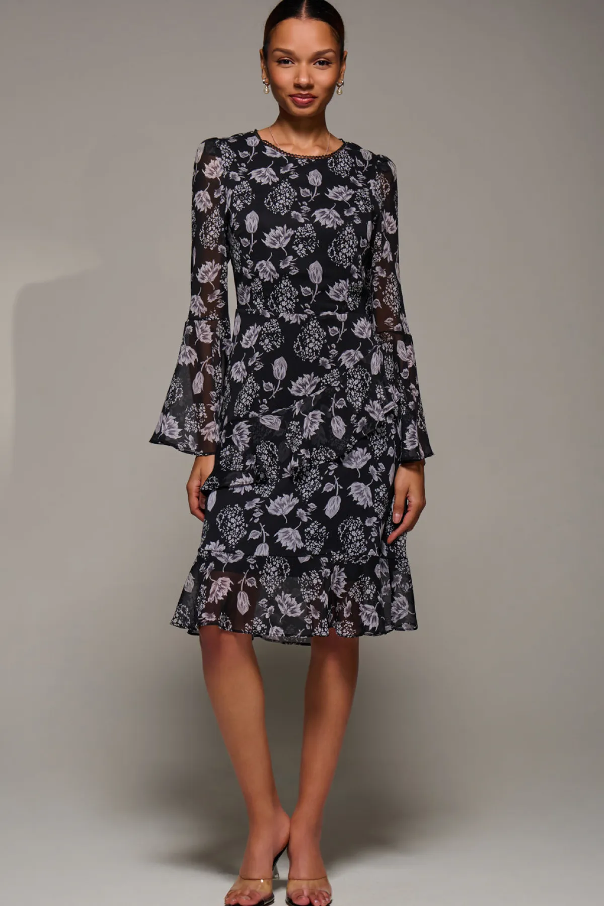 Jolie Moi Occasion Dresses|Floral Dresses-Long Sleeve Frill Chiffon Knee-Length Dress, Black Floral