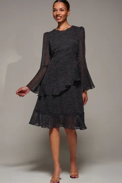 Jolie Moi Occasion Dresses|Party Dresses-Long Sleeve Frill Chiffon Knee-Length Dress, Black Spot