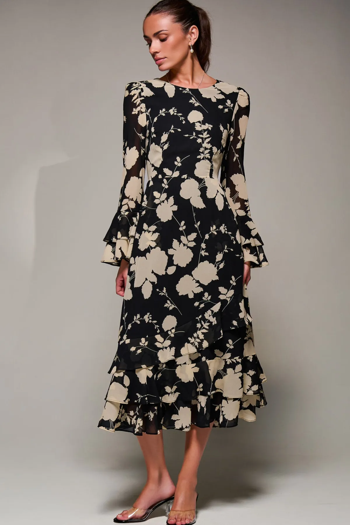 Jolie Moi Occasion Dresses|Floral Dresses- Long Sleeve Frill Chiffon Midaxi Dress Black Floral