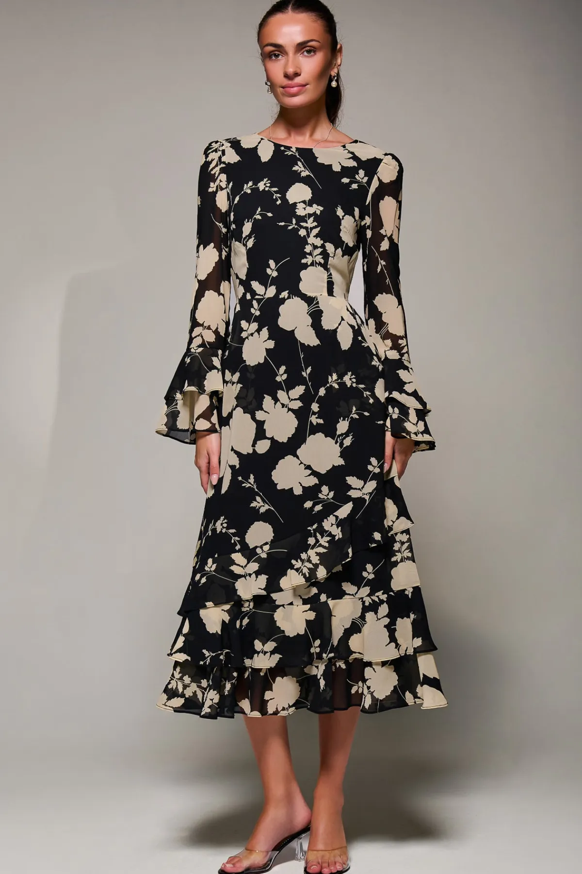 Jolie Moi Occasion Dresses|Floral Dresses- Long Sleeve Frill Chiffon Midaxi Dress Black Floral
