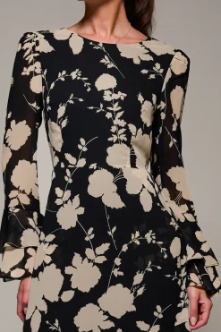 Jolie Moi Occasion Dresses|Floral Dresses- Long Sleeve Frill Chiffon Midaxi Dress Black Floral