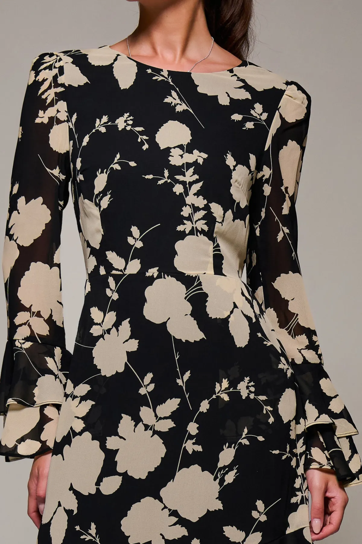 Jolie Moi Occasion Dresses|Floral Dresses- Long Sleeve Frill Chiffon Midaxi Dress Black Floral