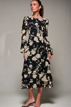 Jolie Moi Occasion Dresses|Floral Dresses- Long Sleeve Frill Chiffon Midaxi Dress Black Floral