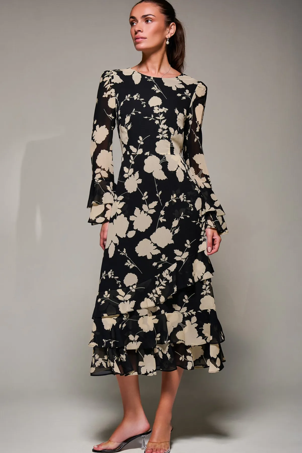 Jolie Moi Occasion Dresses|Floral Dresses- Long Sleeve Frill Chiffon Midaxi Dress Black Floral