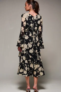 Jolie Moi Occasion Dresses|Floral Dresses- Long Sleeve Frill Chiffon Midaxi Dress Black Floral