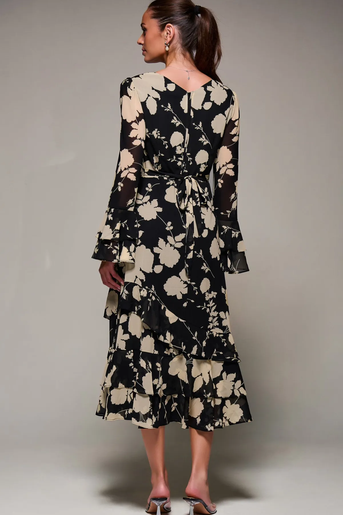 Jolie Moi Occasion Dresses|Floral Dresses- Long Sleeve Frill Chiffon Midaxi Dress Black Floral