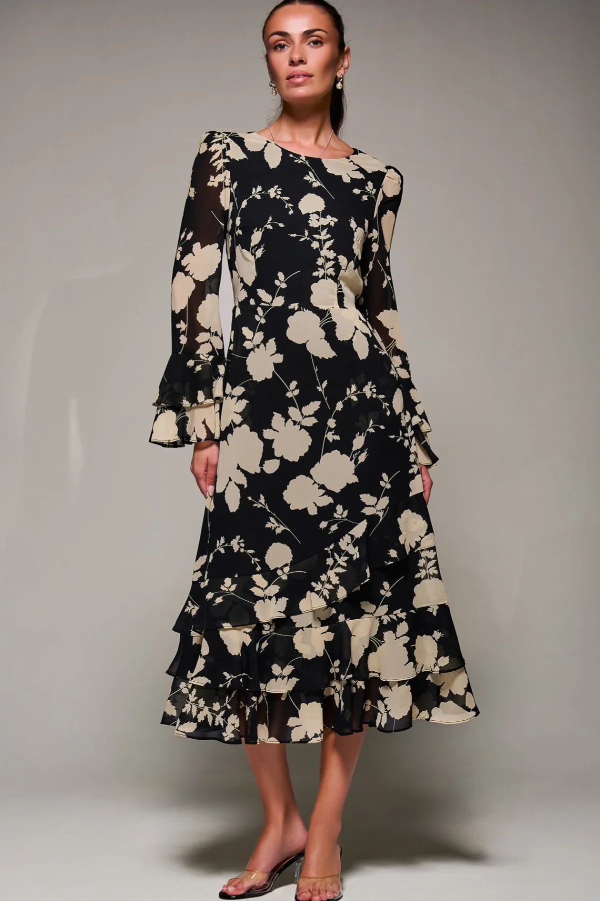 Jolie Moi Occasion Dresses|Floral Dresses- Long Sleeve Frill Chiffon Midaxi Dress Black Floral