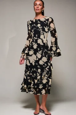 Jolie Moi Occasion Dresses|Floral Dresses- Long Sleeve Frill Chiffon Midaxi Dress Black Floral