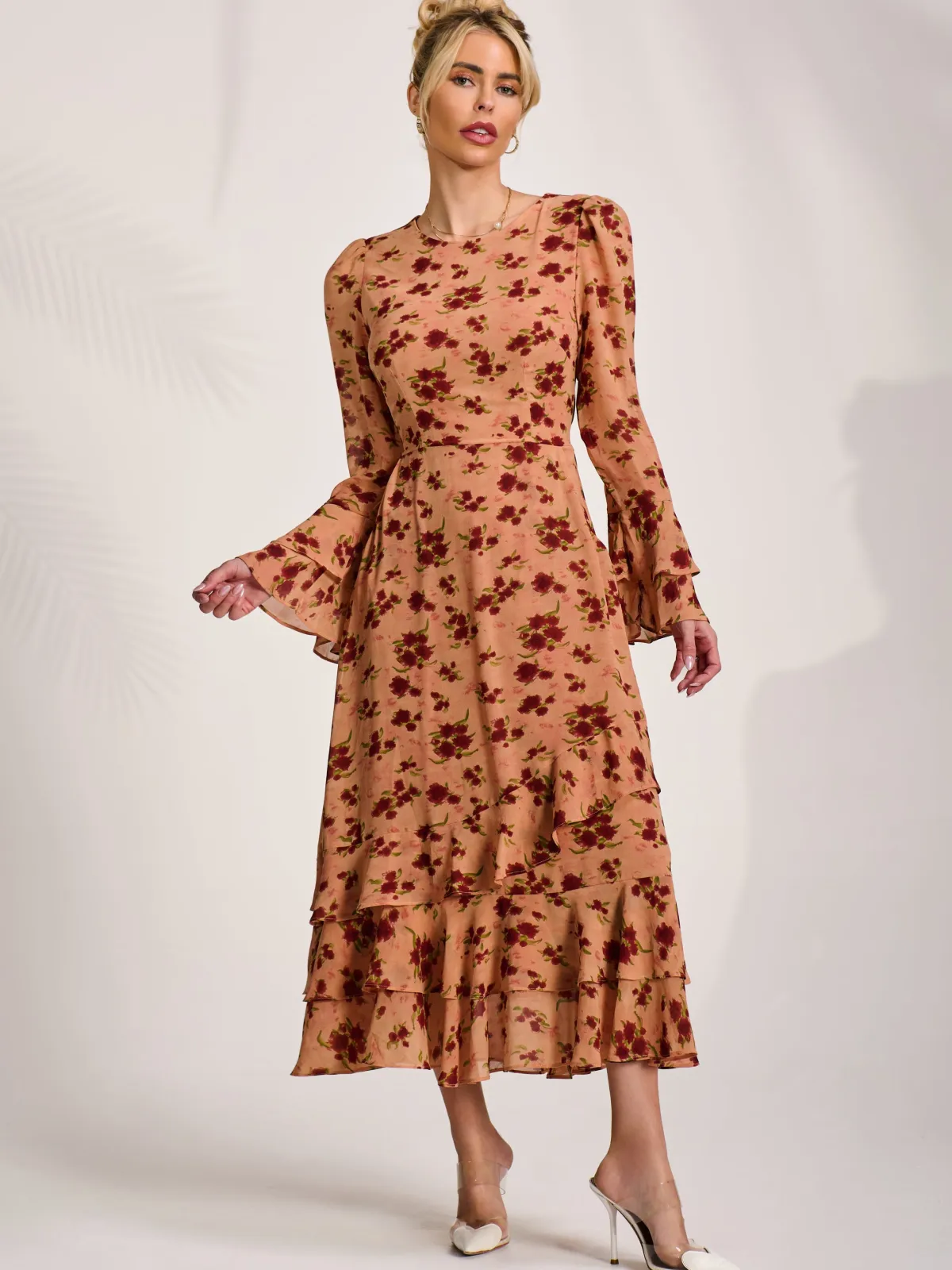 Jolie Moi Occasion Dresses|Floral Dresses- Long Sleeve Frill Chiffon Midaxi Dress Coral Floral