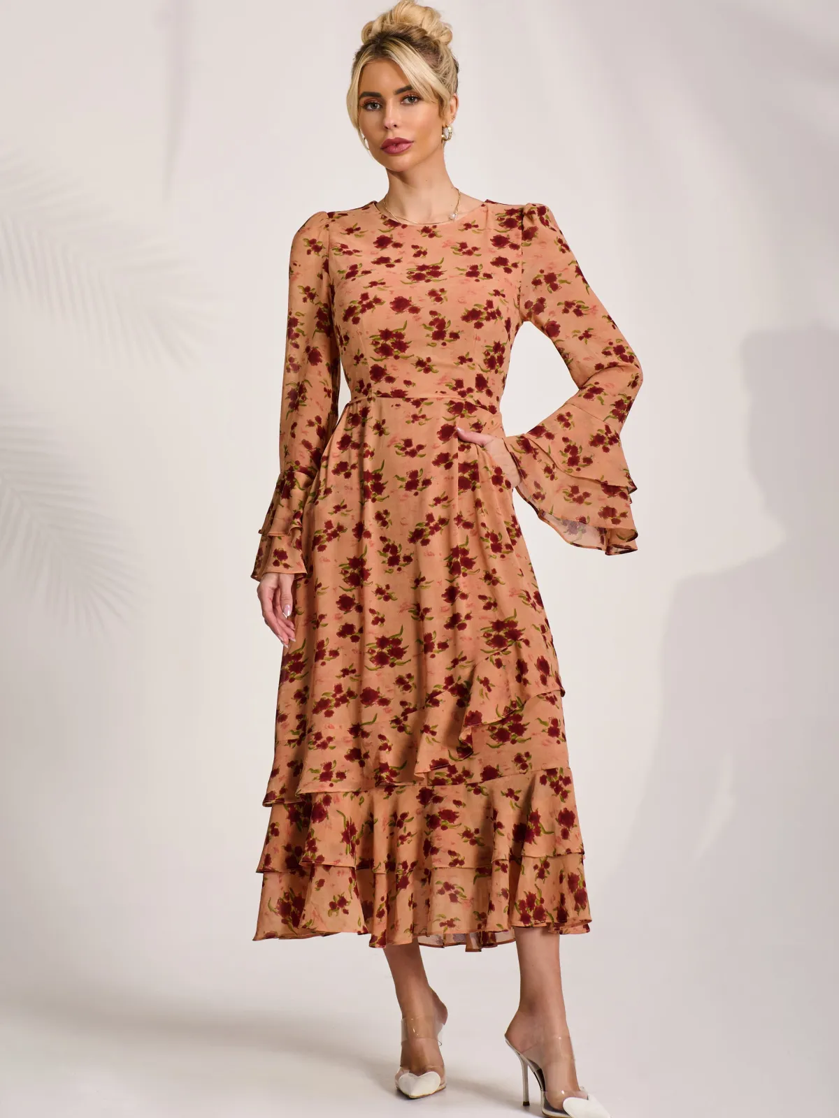 Jolie Moi Occasion Dresses|Floral Dresses- Long Sleeve Frill Chiffon Midaxi Dress Coral Floral