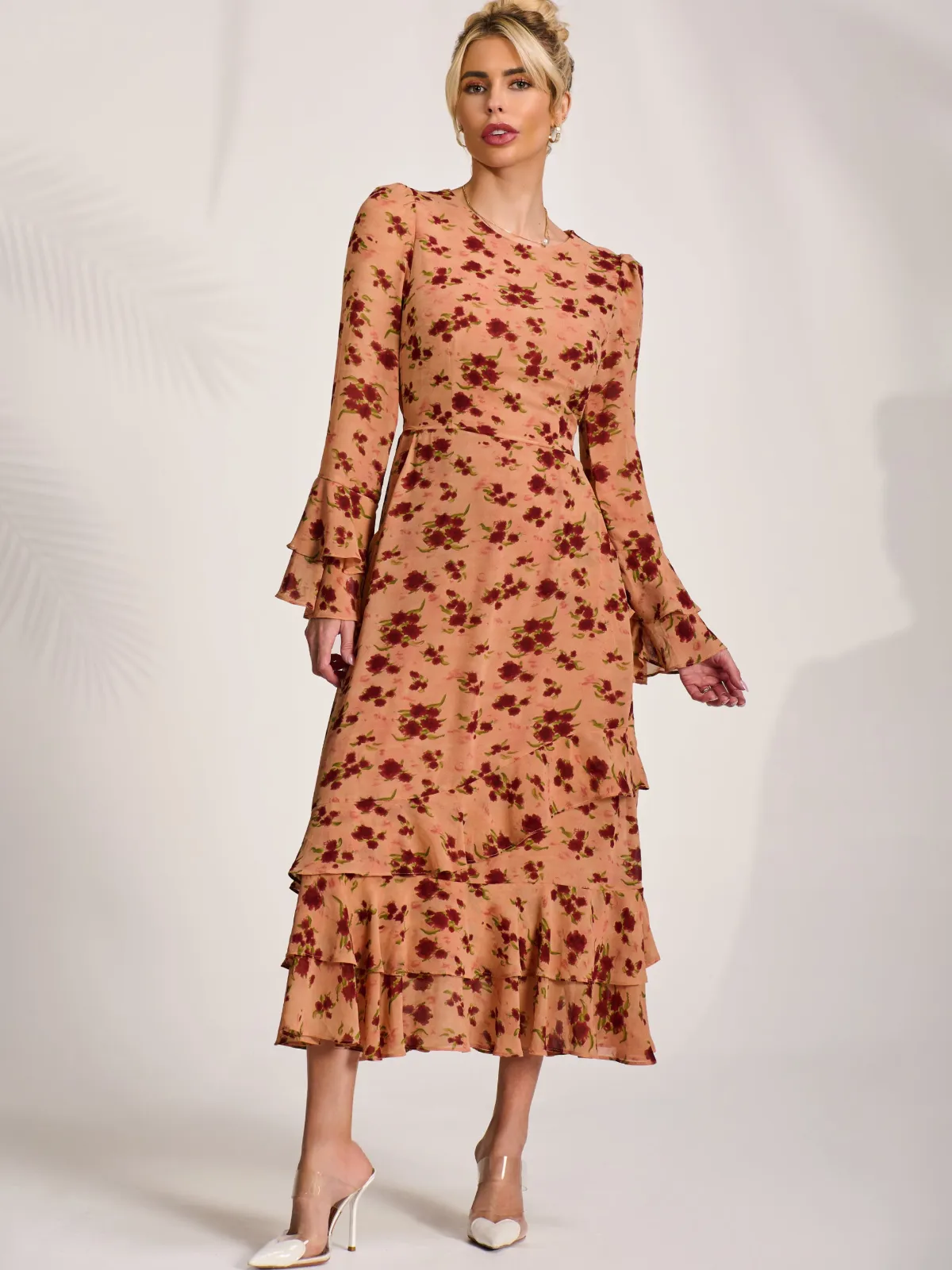Jolie Moi Occasion Dresses|Floral Dresses- Long Sleeve Frill Chiffon Midaxi Dress Coral Floral