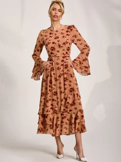 Jolie Moi Occasion Dresses|Floral Dresses- Long Sleeve Frill Chiffon Midaxi Dress Coral Floral