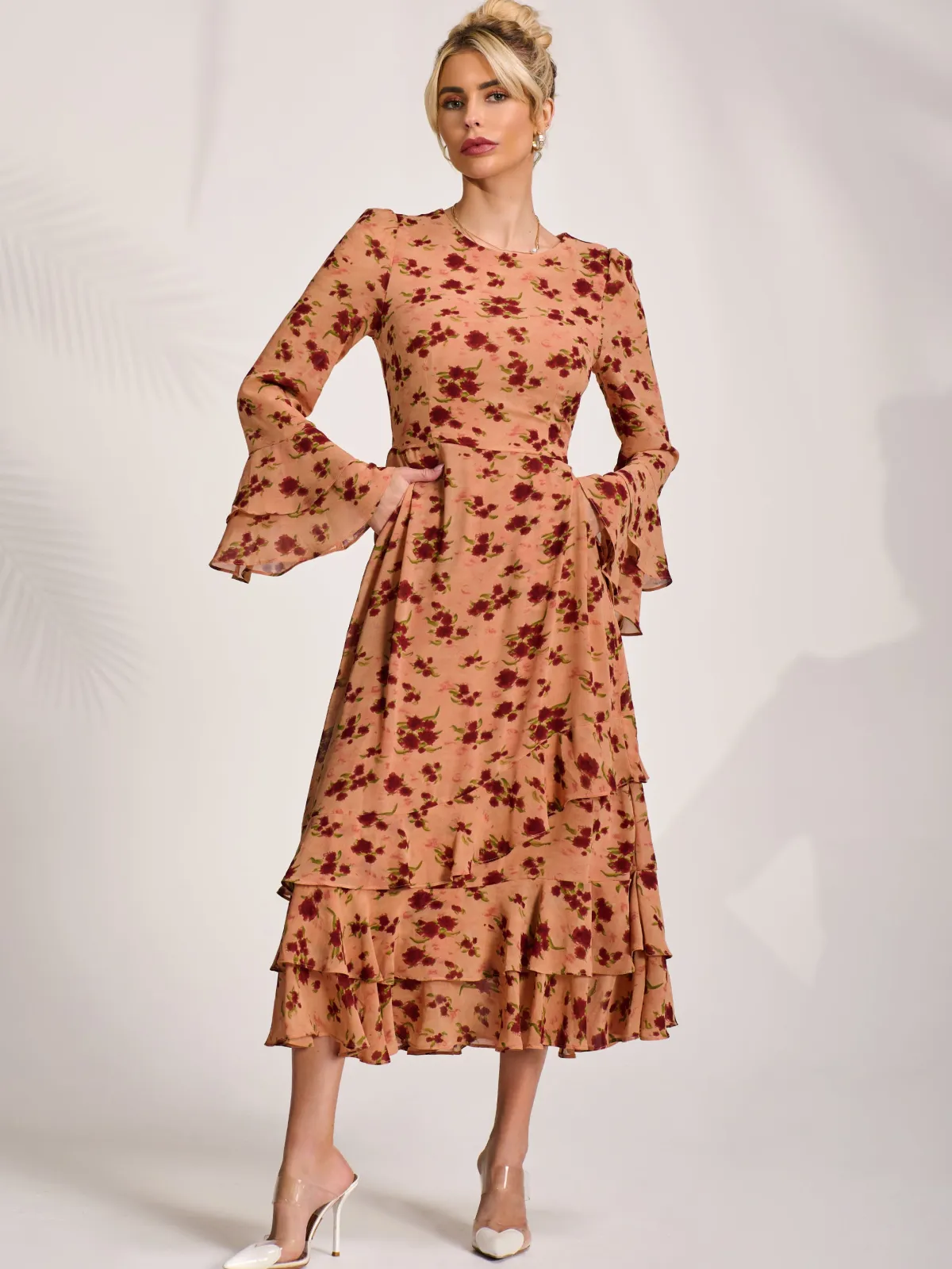 Jolie Moi Occasion Dresses|Floral Dresses- Long Sleeve Frill Chiffon Midaxi Dress Coral Floral
