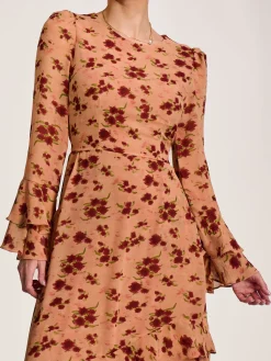 Jolie Moi Occasion Dresses|Floral Dresses- Long Sleeve Frill Chiffon Midaxi Dress Coral Floral