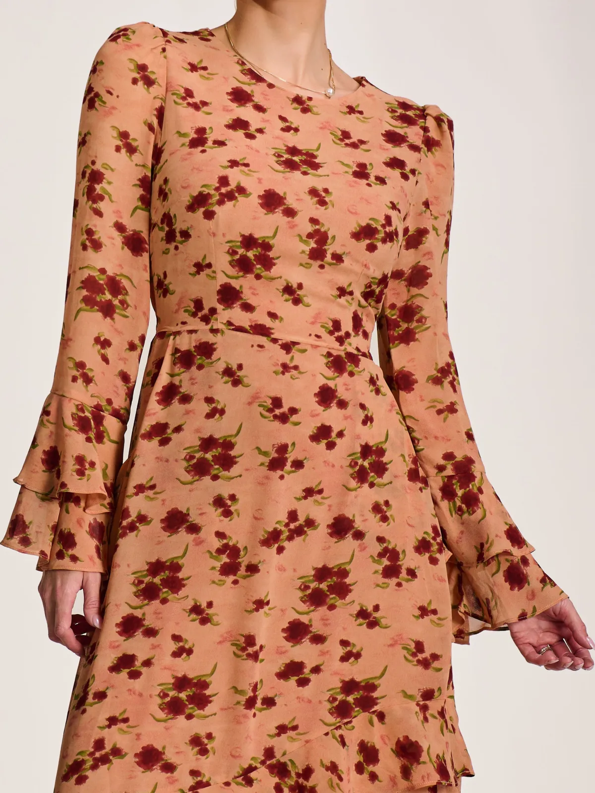 Jolie Moi Occasion Dresses|Floral Dresses- Long Sleeve Frill Chiffon Midaxi Dress Coral Floral