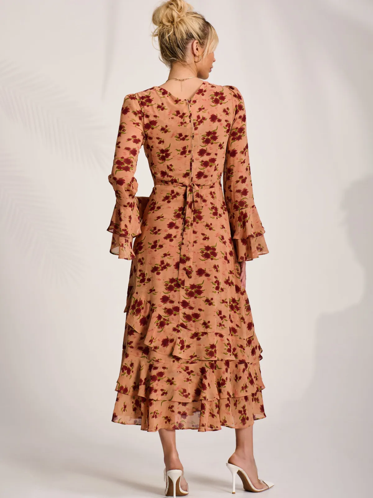 Jolie Moi Occasion Dresses|Floral Dresses- Long Sleeve Frill Chiffon Midaxi Dress Coral Floral