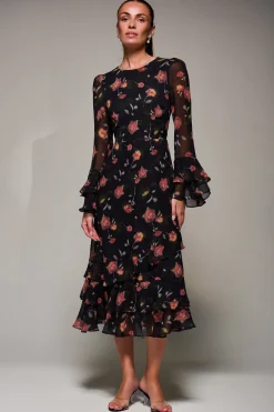 Jolie Moi Occasion Dresses|Floral Dresses-Long Sleeve Frill Chiffon Midaxi Dress, Floral Abstract