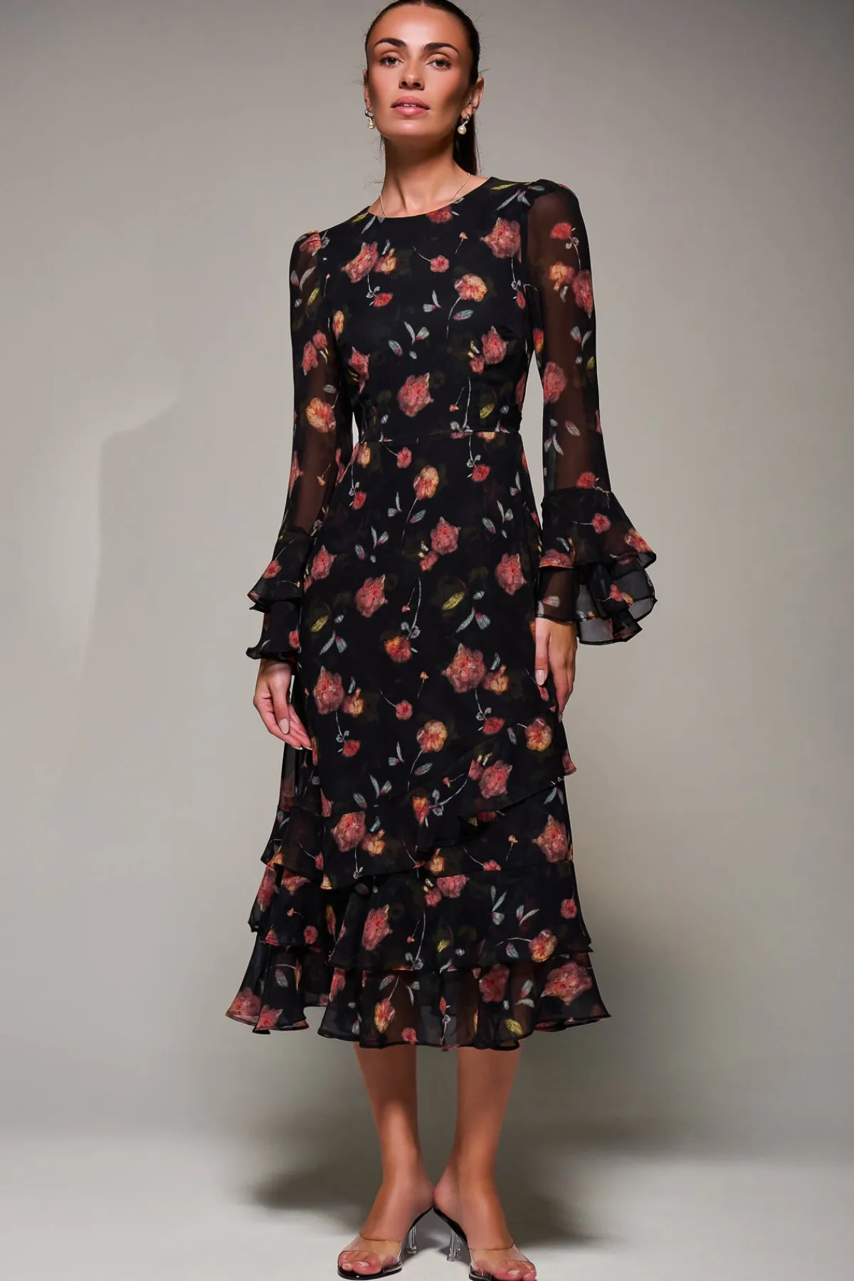 Jolie Moi Occasion Dresses|Floral Dresses-Long Sleeve Frill Chiffon Midaxi Dress, Floral Abstract