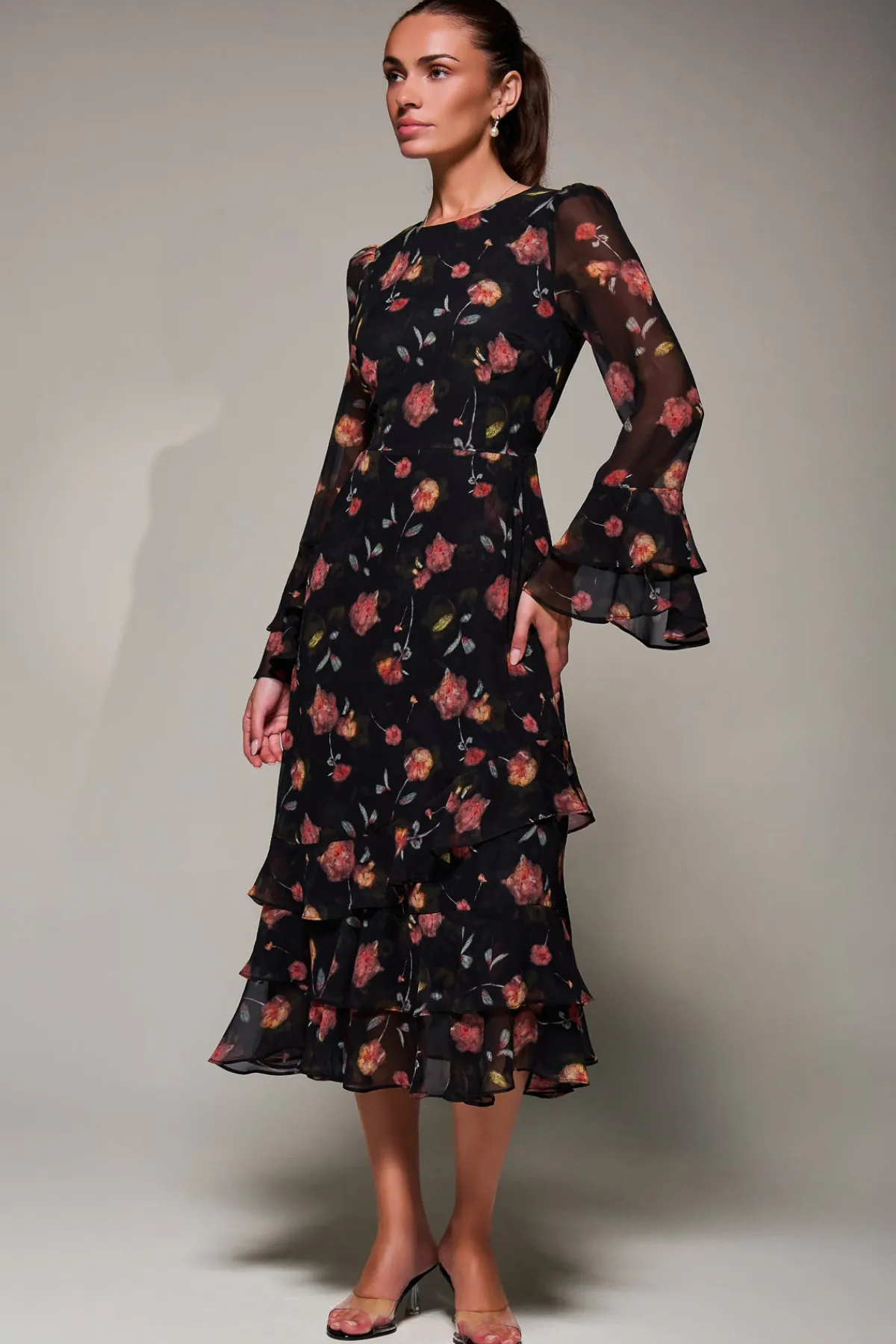 Jolie Moi Occasion Dresses|Floral Dresses-Long Sleeve Frill Chiffon Midaxi Dress, Floral Abstract