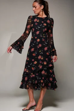 Jolie Moi Occasion Dresses|Floral Dresses-Long Sleeve Frill Chiffon Midaxi Dress, Floral Abstract