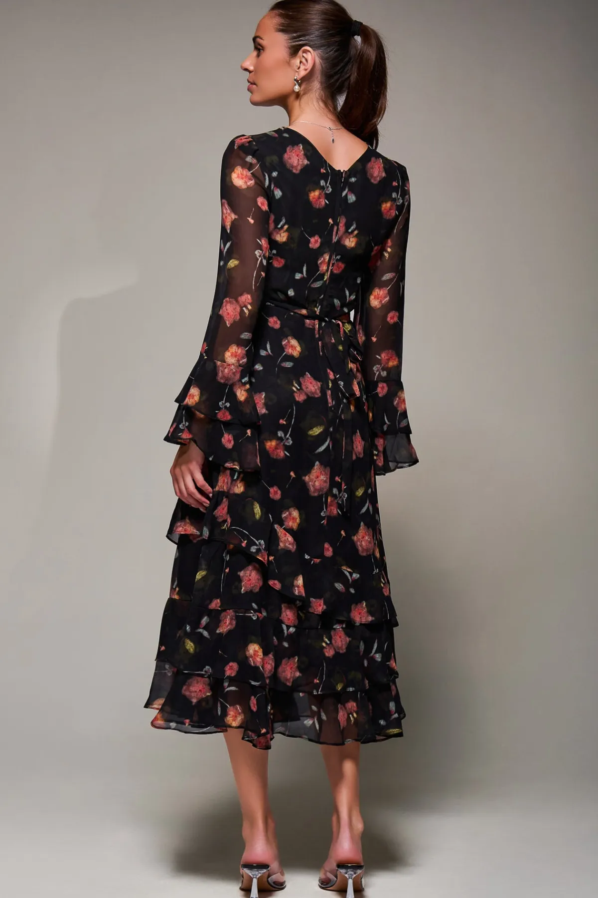 Jolie Moi Occasion Dresses|Floral Dresses-Long Sleeve Frill Chiffon Midaxi Dress, Floral Abstract