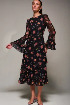 Jolie Moi Occasion Dresses|Floral Dresses-Long Sleeve Frill Chiffon Midaxi Dress, Floral Abstract