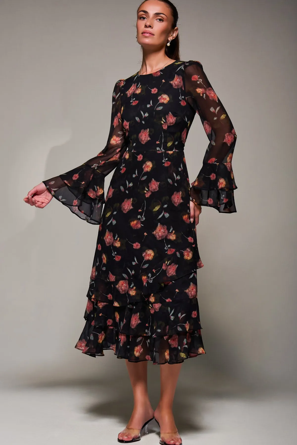 Jolie Moi Occasion Dresses|Floral Dresses-Long Sleeve Frill Chiffon Midaxi Dress, Floral Abstract
