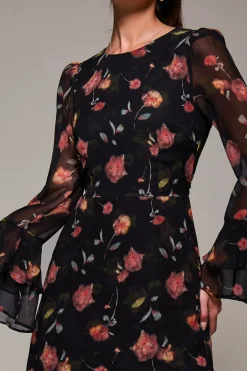 Jolie Moi Occasion Dresses|Floral Dresses-Long Sleeve Frill Chiffon Midaxi Dress, Floral Abstract