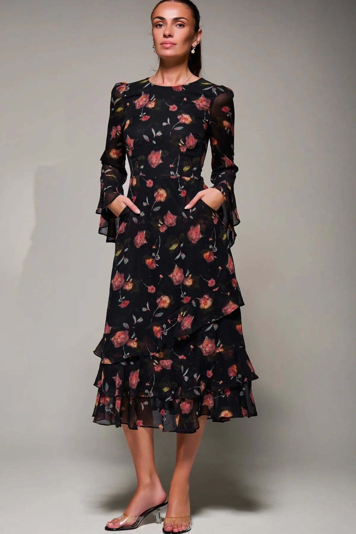Jolie Moi Occasion Dresses|Floral Dresses-Long Sleeve Frill Chiffon Midaxi Dress, Floral Abstract