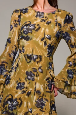 Jolie Moi Occasion Dresses|Long Sleeved Dresses- Long Sleeve Frill Chiffon Midaxi Dress Yellow Floral