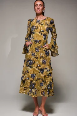 Jolie Moi Occasion Dresses|Long Sleeved Dresses- Long Sleeve Frill Chiffon Midaxi Dress Yellow Floral