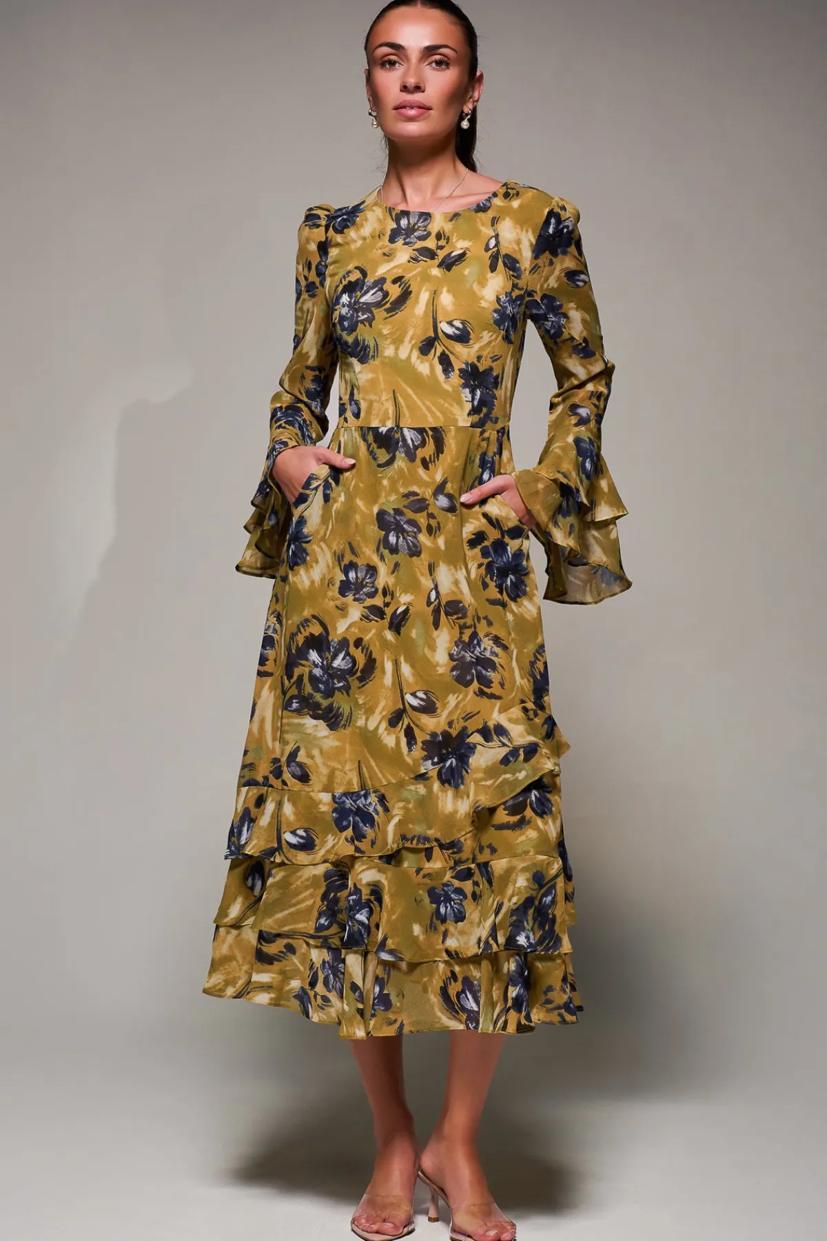 Jolie Moi Occasion Dresses|Long Sleeved Dresses- Long Sleeve Frill Chiffon Midaxi Dress Yellow Floral