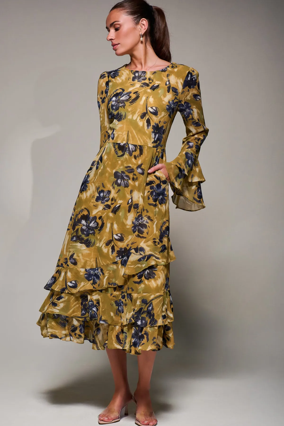 Jolie Moi Occasion Dresses|Long Sleeved Dresses- Long Sleeve Frill Chiffon Midaxi Dress Yellow Floral