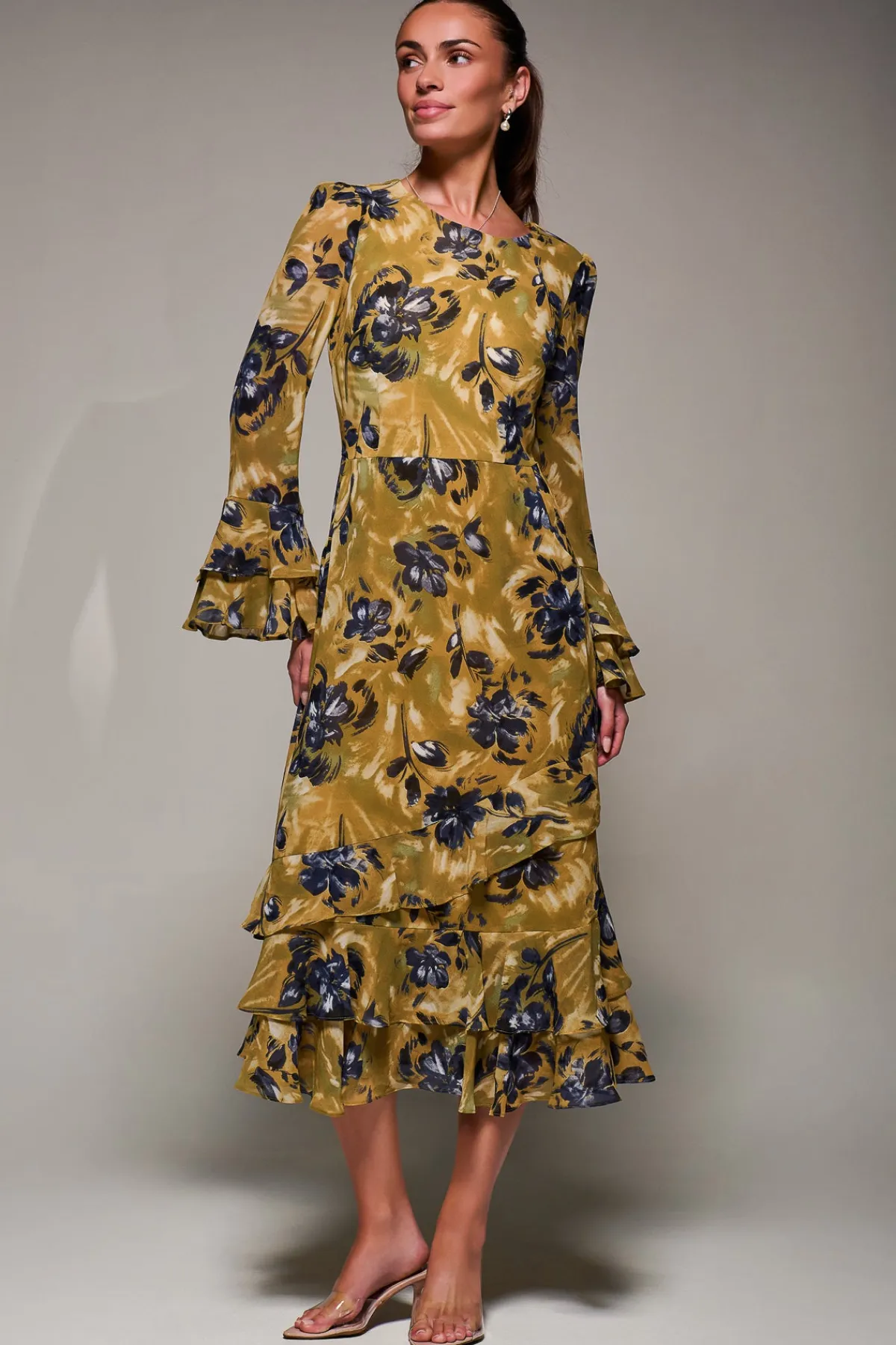 Jolie Moi Occasion Dresses|Long Sleeved Dresses- Long Sleeve Frill Chiffon Midaxi Dress Yellow Floral