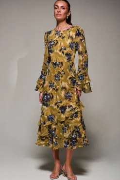 Jolie Moi Occasion Dresses|Long Sleeved Dresses- Long Sleeve Frill Chiffon Midaxi Dress Yellow Floral