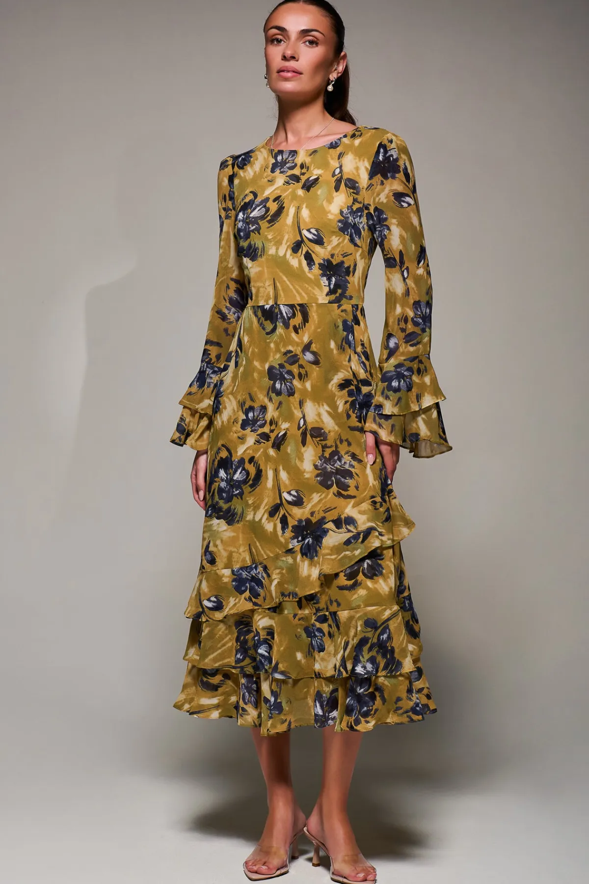 Jolie Moi Occasion Dresses|Long Sleeved Dresses- Long Sleeve Frill Chiffon Midaxi Dress Yellow Floral