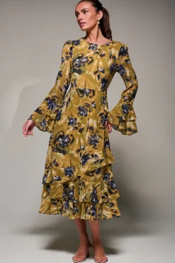 Jolie Moi Occasion Dresses|Long Sleeved Dresses- Long Sleeve Frill Chiffon Midaxi Dress Yellow Floral