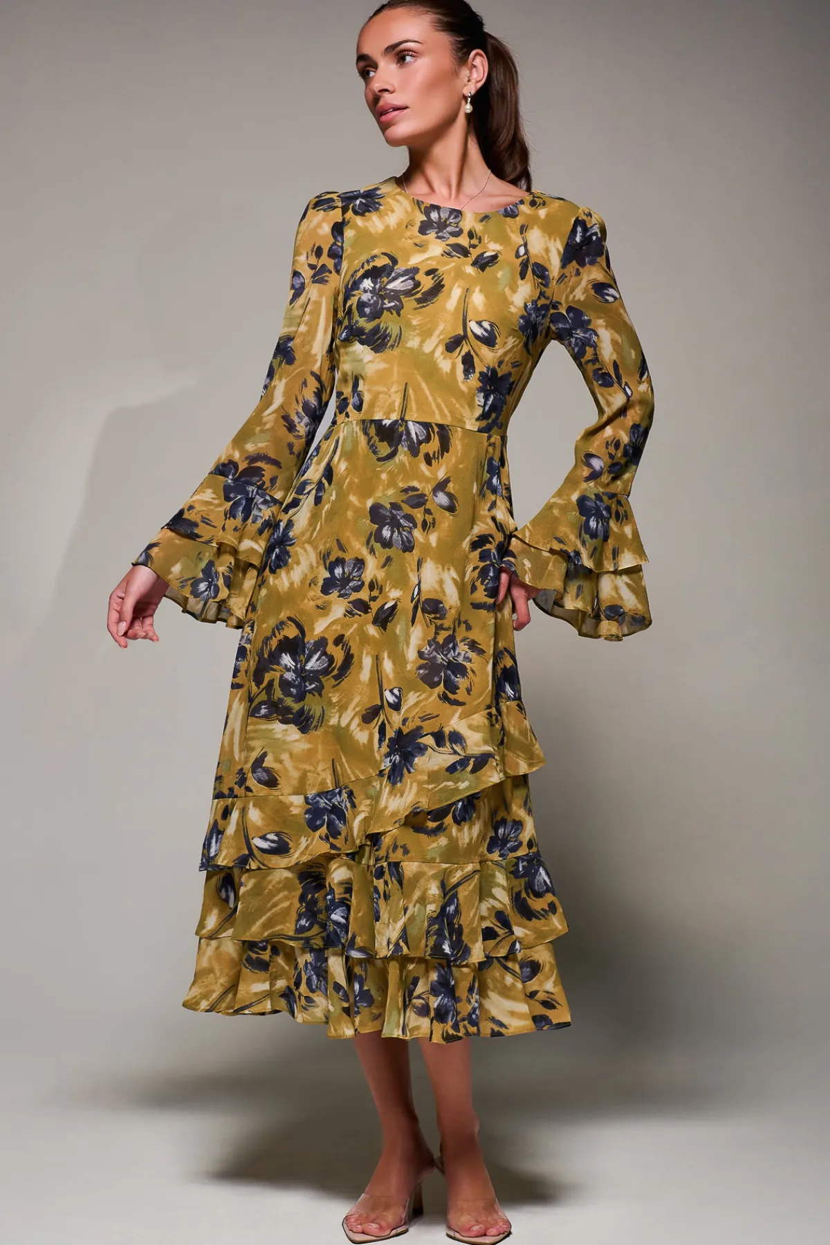 Jolie Moi Occasion Dresses|Long Sleeved Dresses- Long Sleeve Frill Chiffon Midaxi Dress Yellow Floral