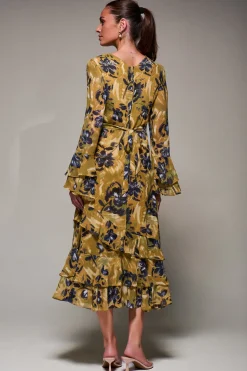 Jolie Moi Occasion Dresses|Long Sleeved Dresses- Long Sleeve Frill Chiffon Midaxi Dress Yellow Floral