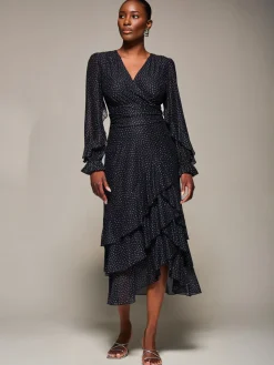 Jolie Moi Occasion Dresses|Mesh Dresses-Long Sleeve Frill Detail Mesh Maxi dress, Black Spot