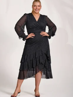 Jolie Moi Occasion Dresses|Mesh Dresses-Long Sleeve Frill Detail Mesh Maxi dress, Black Spot